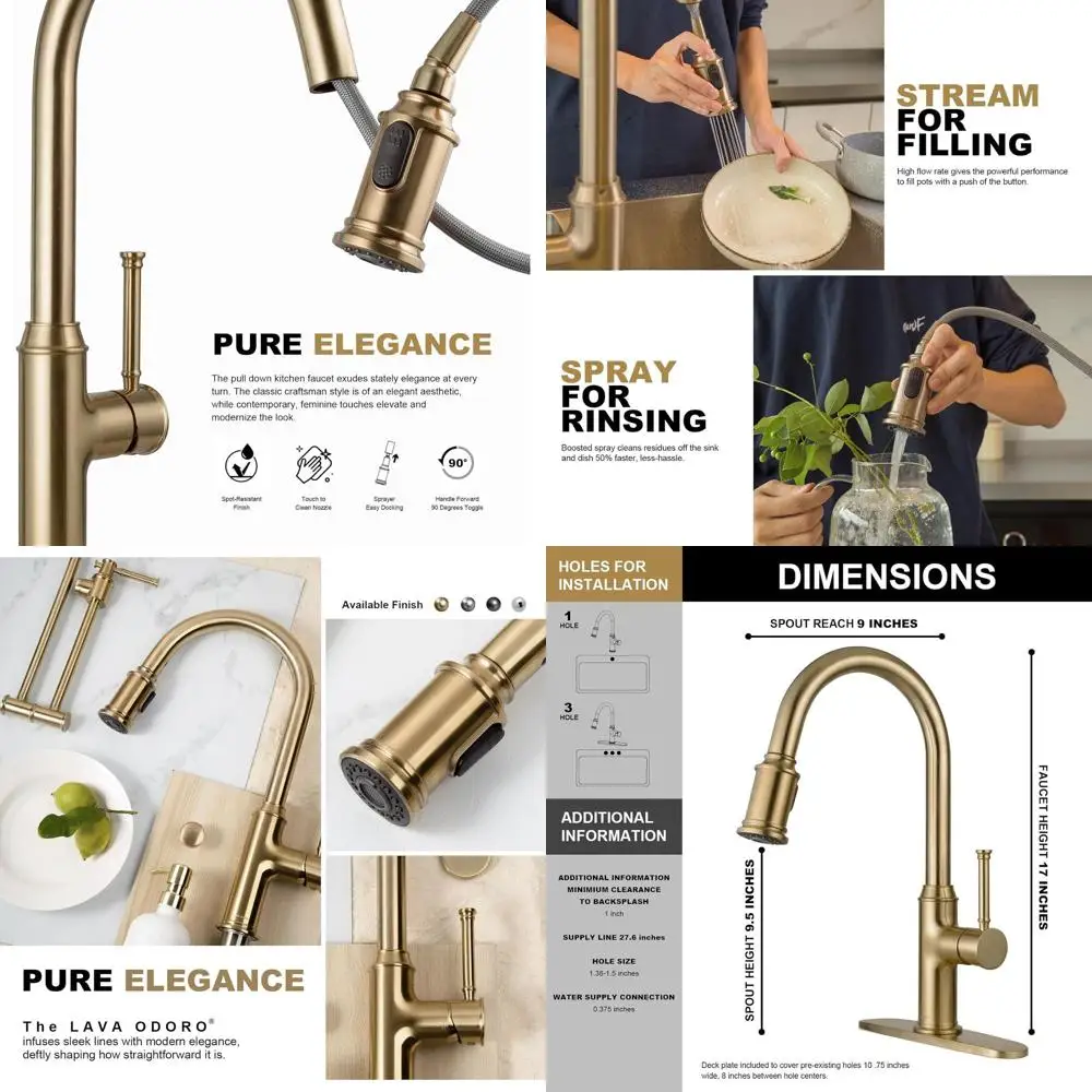 

Кухонный смеситель цвета шампанского золота с выдвижным изливом, одной ручкой и декоративной накладкой, варианты монтажа на 1 или 3 отверстия