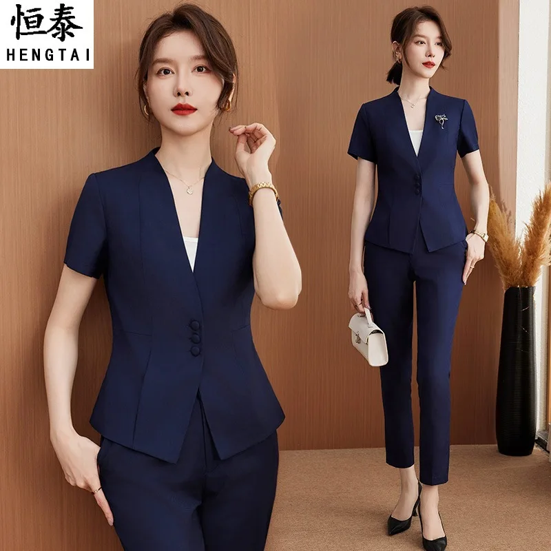 

Серый костюм, профессиональный комплект для женщин, рабочая одежда с короткими рукавами, элегантный офис, ювелирный магазин, комплект с юбкой для приема в отеле, летний комплект