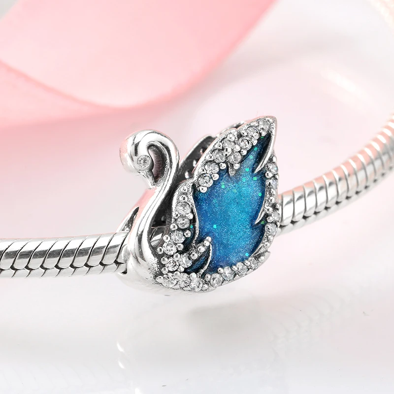 Fairy tale 925 Sterling Silver  glittering Blue Swan zircon Beads fashion 2018 Fit Original European Charms Bracelet Jewelry