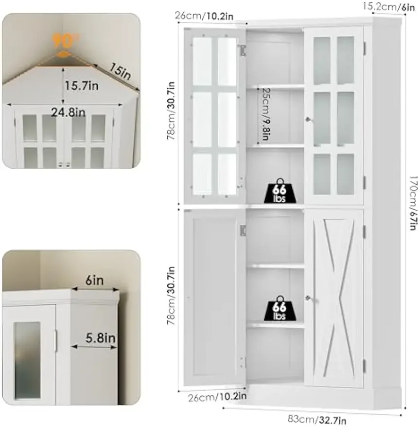 32.7W Large Corner Pantry Cabinet with Doors, Farmhouse Kitchen Corner Cabinet with 6 Storage Shelves,Dining Room, Kitchen White