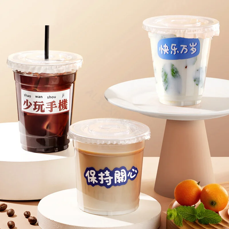 10 Uds. Vasos con pajita de plástico de 360/420/520ml con tapas, taza para aperitivos y bebidas, taza fría, vaso de plástico PET desechable transparente, taza de té de la leche Boba