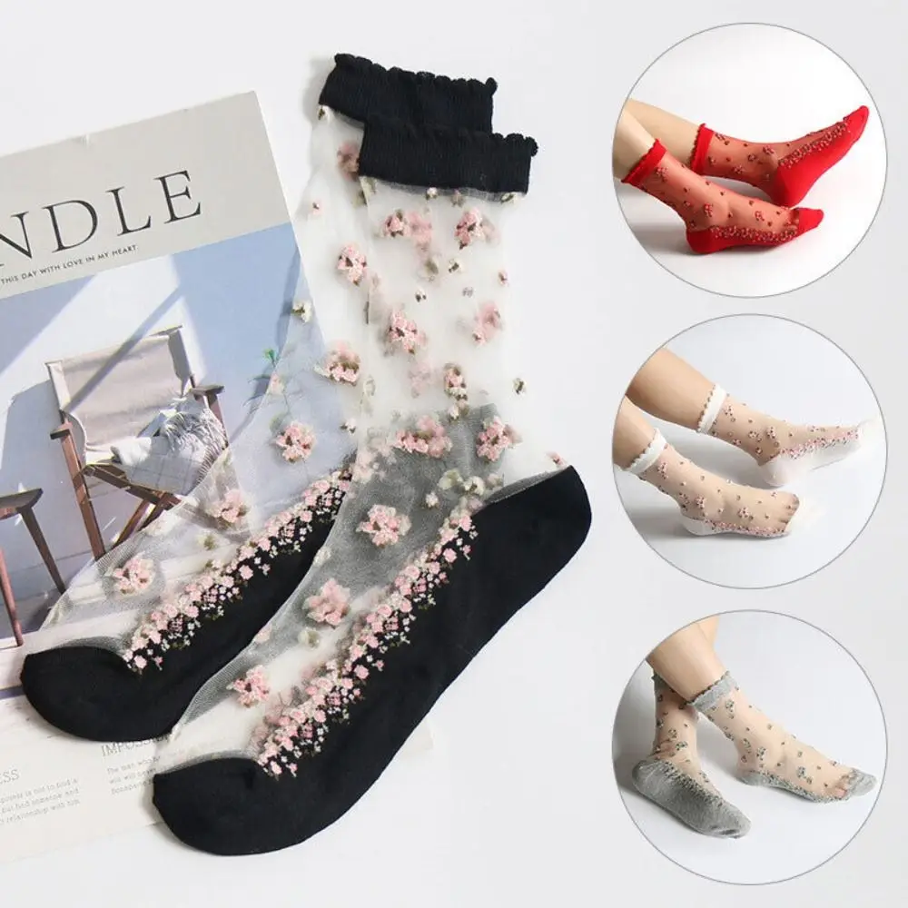 New Elastic Lace Summer Socks Transparent Sheer Non-slip Flower Ankle Hosiery Breathable Mesh Ankle Sock