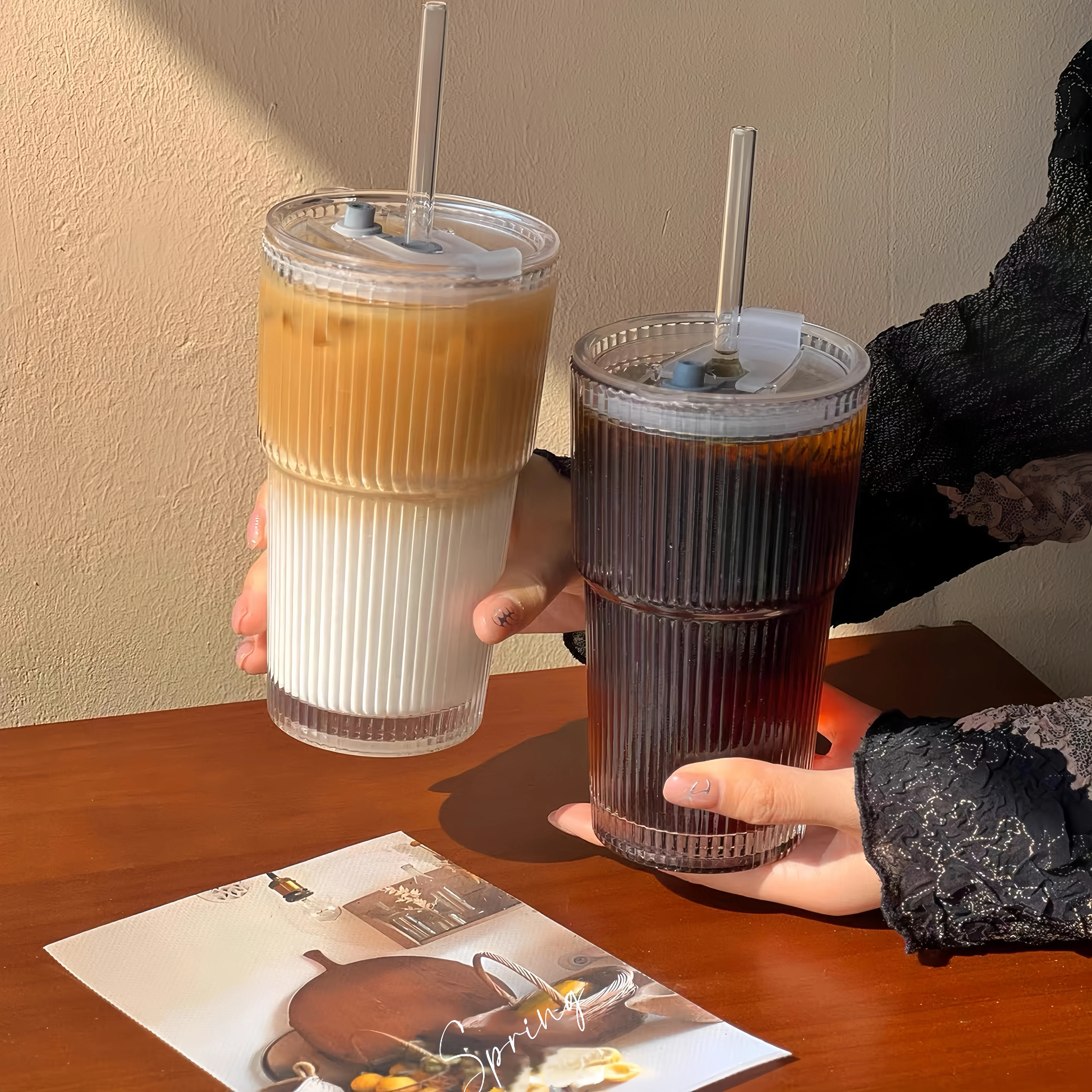 Ins-style vertical striped glass straw cup, vintage iced coffee cup, high-quality water cup for hot and cold drinks，Perfect gift