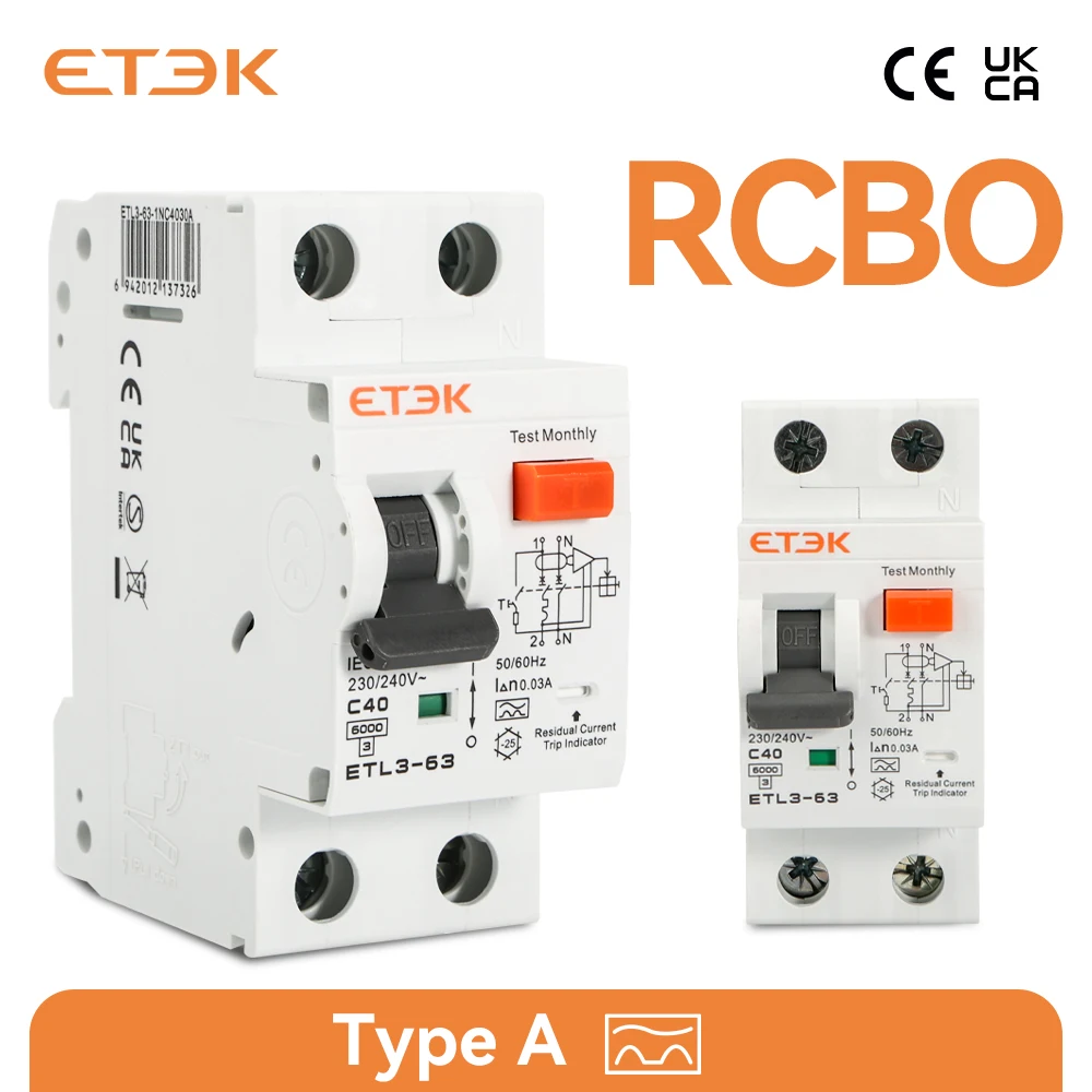 ETEK RCBO Type a 30mA 1P N Residual Circuit Breaker with over Current Leakage Protection 6KA ETL3 Certified