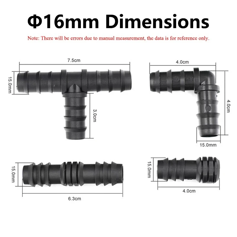 Barbed Micro Drip Irrigation Fittings 16/20/25mm PE Pipe Straight Elbow Tee Plug Greenhouse Water Joint 2-50PCS