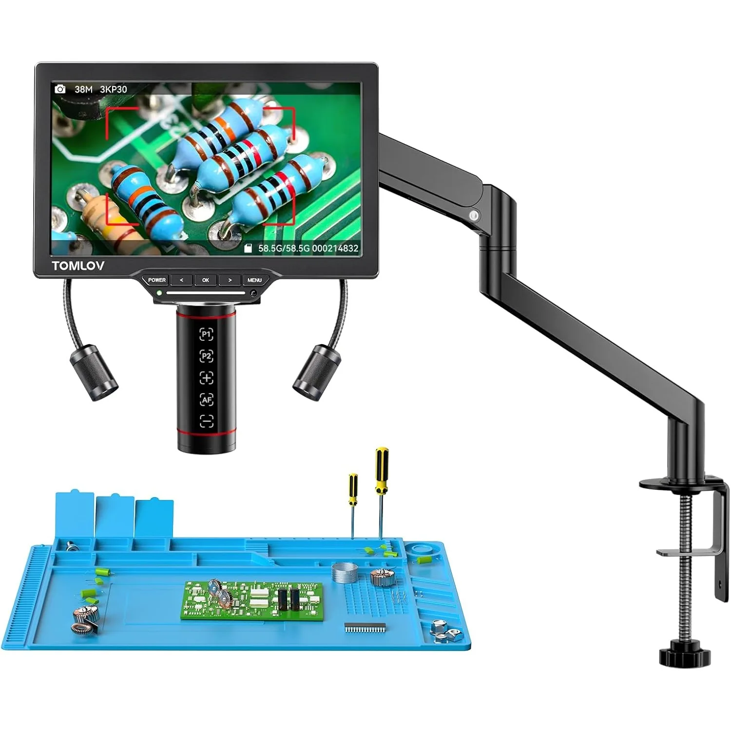 TOMLOV Autofocus digitale microscoop 2000X voor elektronica solderen TM3K-AF Max 3K HDMI Microscopio 10-inch IPS-display Flexibele arm - afbeelding 2