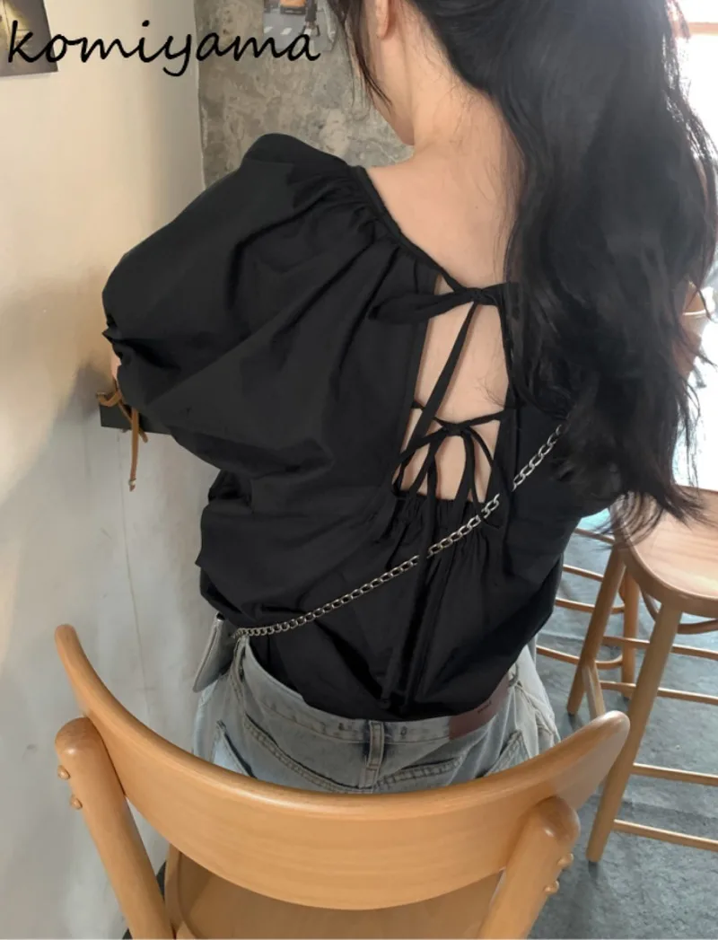 Back Bandage Shirts & Blouses Lace -up Bow Ropa Mujer Short Sleeve Blusas Korean Ins Camisas Summer Loose Round Neck Tops