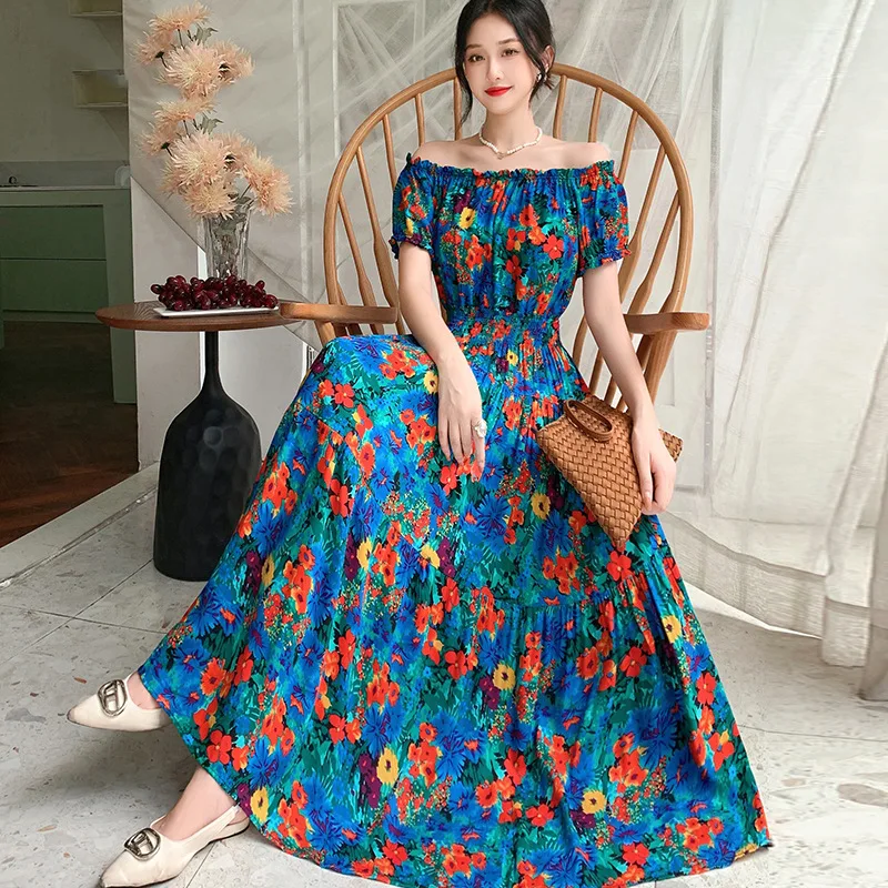Abito Prairie Dream: maxi in cotone a strati - Spalla fredda e vita smockata