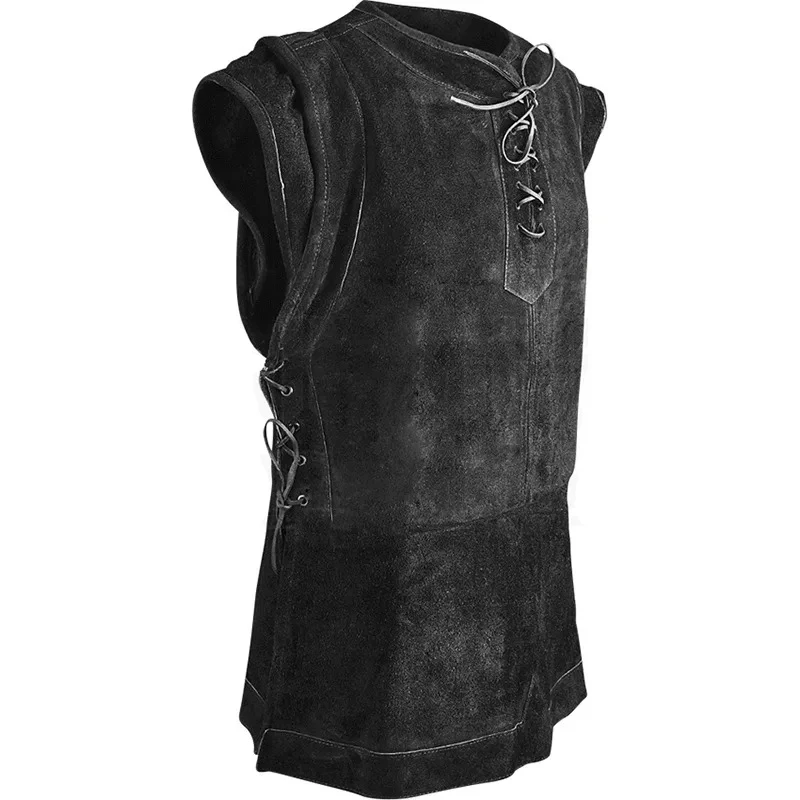KIDWHXR Man Vest Medieval Punk Round Neck Lace Up Male Tops Gothic Vinatge Slim Sleeveless Stage Party Dress Up Men Waistcoat