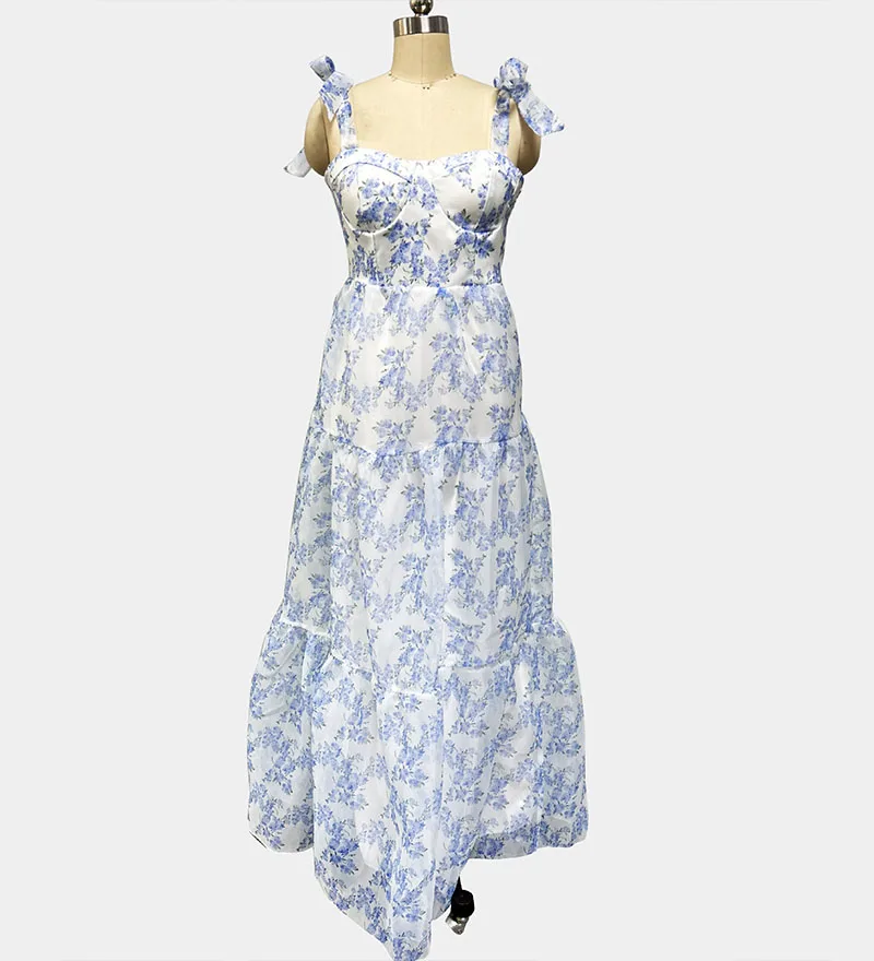 Abito lungo elegante da donna sexy estivo senza maniche con scollo a V Abito elegante da spiaggia con fasciatura Boho Abiti maxi da sera floreali