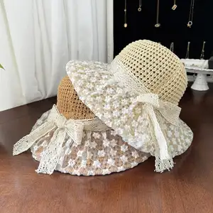 Women's Lace Bow Straw Hat Beach Holiday Straw Hat Sweet Elegant Bucket Hat Wide Brim Sun Hat Korean Fashion Casual Travel Hat