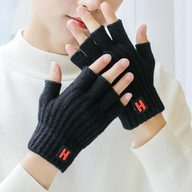 

Knitted Warm Half Finger H Standard Gloves Thermal Fingerless Fashion Unisex Riding Cozy Writing Driving Work Elastic Mittens