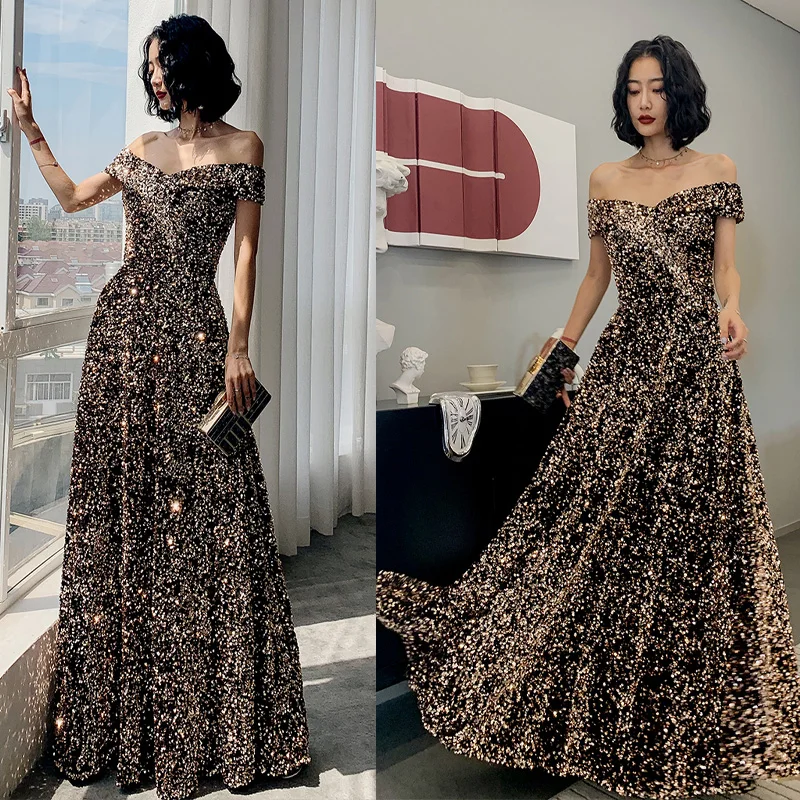 

It's Yiiya Sequins Gold Short Sleeves Pleat Floor-Length Lace Up Boat Neck Elegant A-Line Formal Dress Dress Woman Party A2842