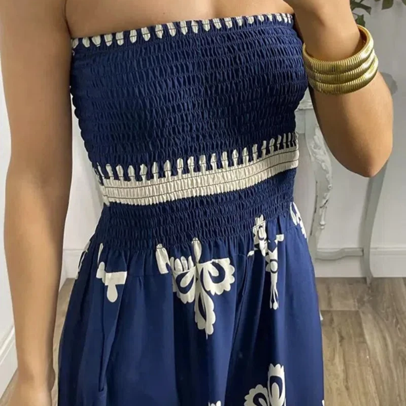 2024 여성 여름 신상 스플라이스 랩 체스트 프린트 하이웨이스트 포켓 폴드 패션 민소매 미니멀리스트 캐주얼 점프수트