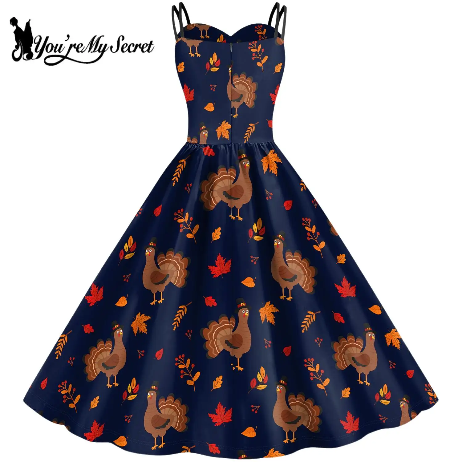 [You're My Secret] Thanksgiving Fancy Food 3D Print Outfit Harvest Festival Skirt Women Turkey Pumpkin Pattern Rockabilly Dress