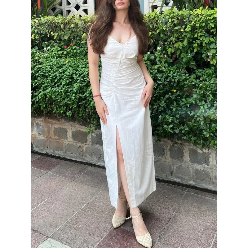 Elegante abito midi bianco con camicetta da donna con design a fessura increspato Estate 2025 Abito tubino casual chic per le vacanze