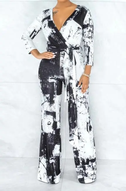 Jumpsuits Women 2023 Fashion New Autumn Printed Tie Dyed Long Sleeve V-Neck Bodycon Long Straight Jumpsuit Streetwear Clothes