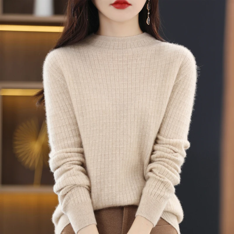 

Women New 100% Merino Wool Sweater Autumn Winter Fashion Tops O-Neck Waffle Pullover Square Grid Long Sleeve Jumper Knitwear