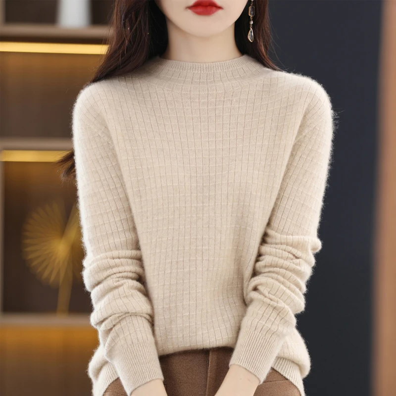 Women New 100% Merino Wool Sweater Autumn Winter Fashion Tops O-Neck Waffle Pullover Square Grid Long Sleeve Jumper Knitwear