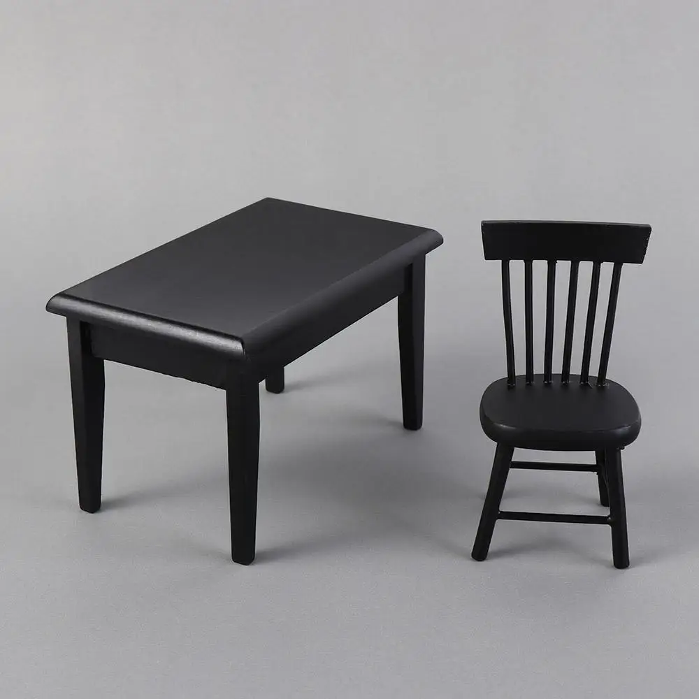 Cute Pretend Play 1:12 Dollhouse Furniture DIY Wood Dining-table Model Black Miniature Mini Chairs Doll House Accessories