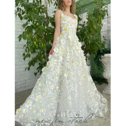 Cathy White Prom Dresses Spaghetti Strap A-line فساتين السهرة Elegant Sleeveless Sweep Train Sweetheart vestidos verano moda