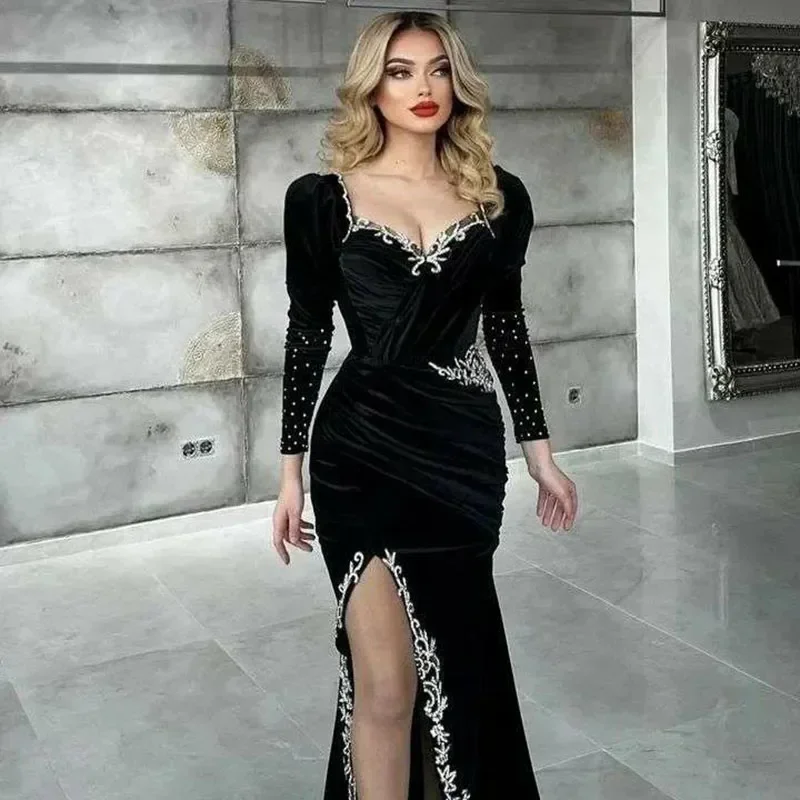 

Royal Black sexy Mermaid Velvet Sweetheart Long sleeve lace applique side slit women's custom PROM party formal evening dress