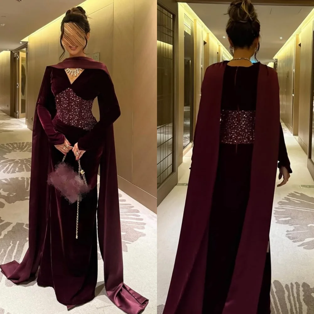 

Customized Pastrol Velour Sequined Pleat Straight V-neck Long Dresses Quinceanera Bespoke Occasion High Quality