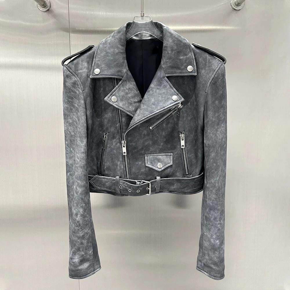 High Quality Color Rubbing Sheepskin Moto&biker Jackets Fashion Vintage Women Grey Zipper Belt Short Real Leather Jacket Tops