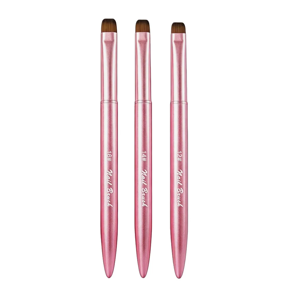 3-teiliges UV-Gel-Nagelbürsten-Set, flach, rund, für Builder-Gel-Verlängerung, Nylonborsten, rosafarbener Metallgriff, für französische Maniküre, Salon, DIY – Detail 7