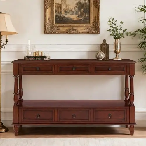 Vintage Solid Wood Console Table with 6 Drawers - 54