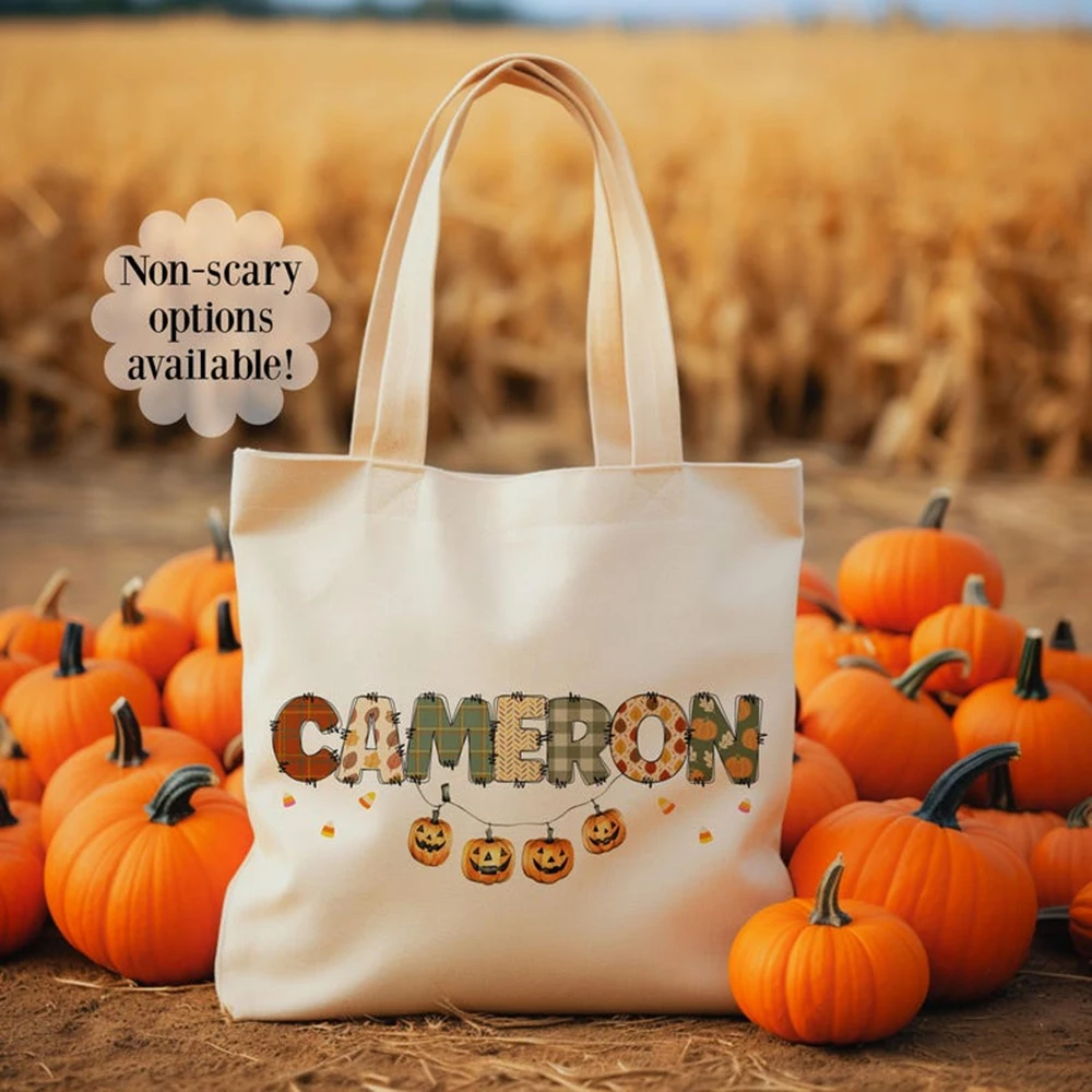 Custom 10ps Canvas Bag Witch Ghost Candy Corn Custom Words Photo Image Lightweight Party Favor Bag For Kids Adults Costume Party