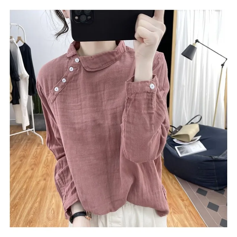 Korean Ingot Collar Pure Cotton Long-sleeved Shirt for Women 2025 Autumn Loose Top Retro Oblique Button Base Shirt