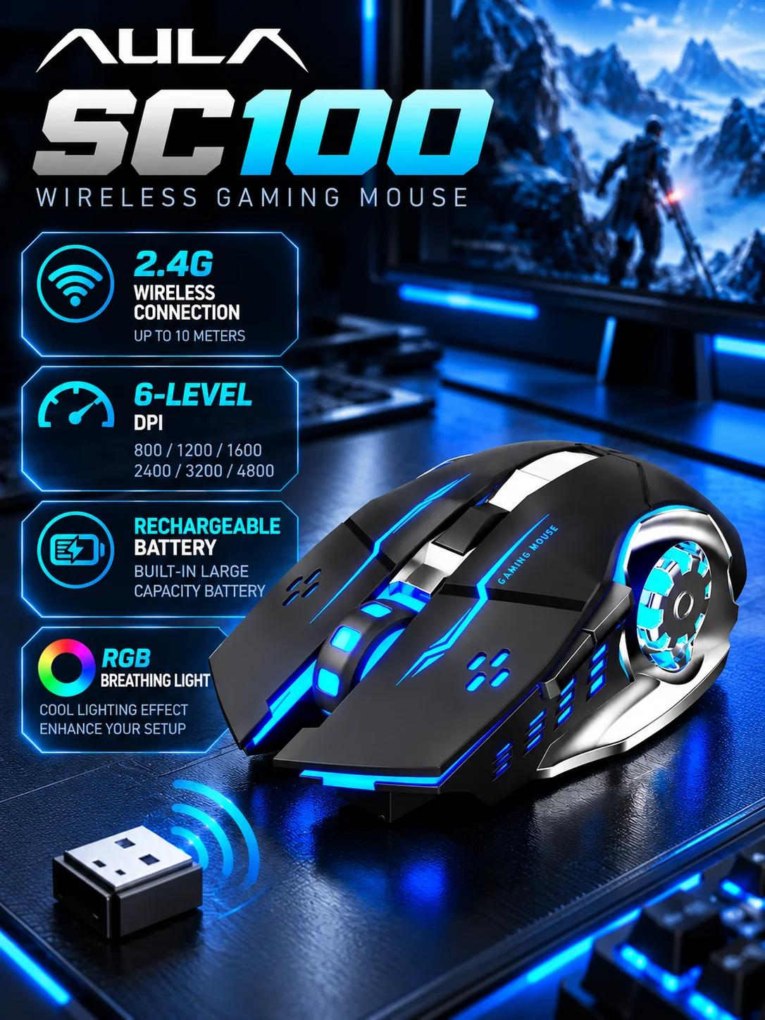 AULA SC100 2.4G Wireless Gaming Mouse Rechargeable RGB LED 6-Level DPI USB Optical Mouse