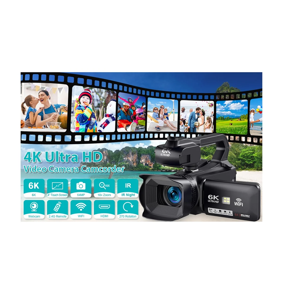 ABGN 64MP HD WIFI 6K 디지털 카메라 4.0 터치 스크린 비디오 270도 회전 야간 투시경 18X 디지털 줌