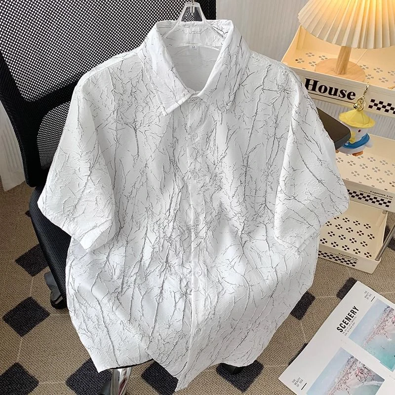 

Men Fashion High Street Vintage Luxury Jacquard Lapel Button Down Shirt Summer Casual Short Sleeve Loose Tops Camisas De Hombre