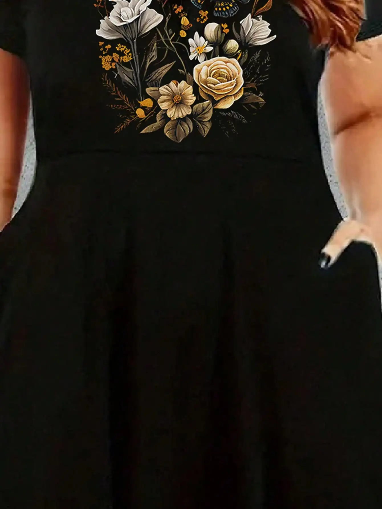 2026 Damen Casual Plus Size Frühling/Sommer Schmetterlings-Blumen-Print Rundhals Locker Einfarbig Kurzarm Kleid Langes Kleid – Detail 6