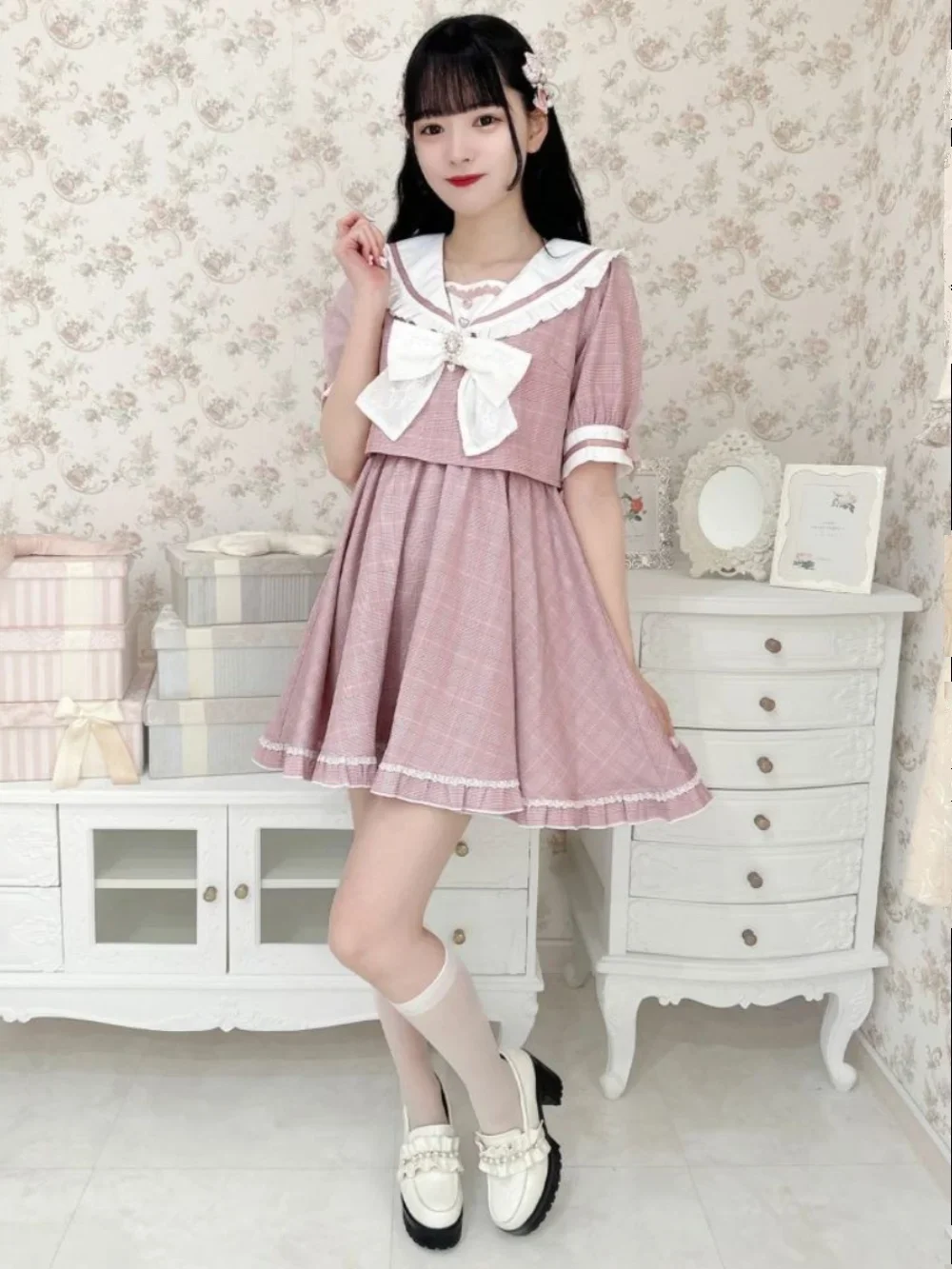 Rojita Dress Sailor Collar with Bow Miniskirt College Lolita Japanese Style Casual Short Sleeve Dresses for Women Summer