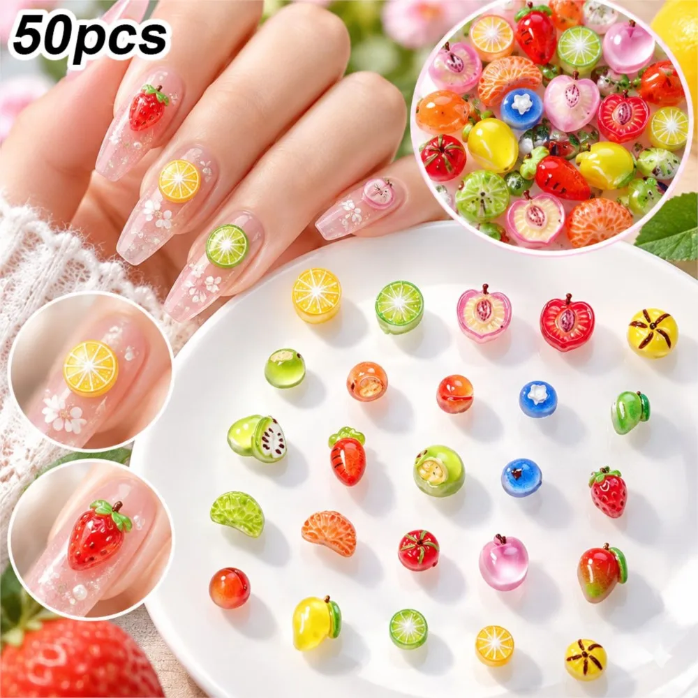 50pcs Mixed Lemon/Strawberry/Blueberry/Mango/Carrot/Peach Nail Rhinestones 3D Kawaii Mini Fruit Nail Charms Resin Flatback Nails