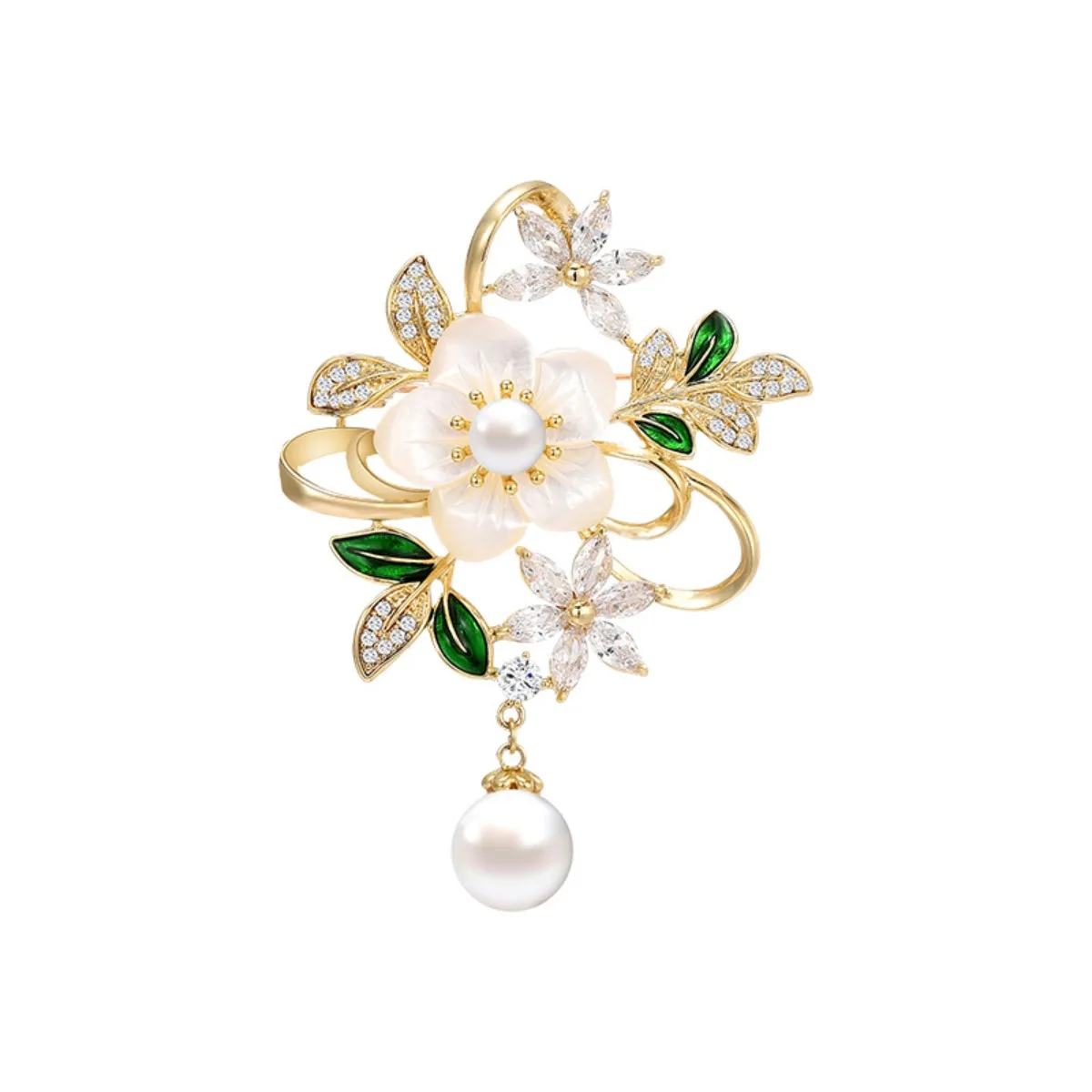 

Beauty Luxury Brass Exquisite Flower Brooch with Cubic Zirconia and Shell beads Clothing Accessories