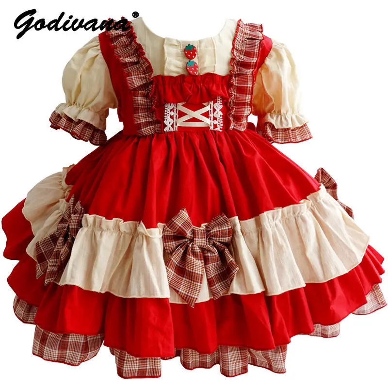 

Sweet Baby Girls Spanish Court Lolita Dress Childrens 2026 Summer New Short Sleeve Ruffle Trim Bow Princess Birthdayparty Gown
