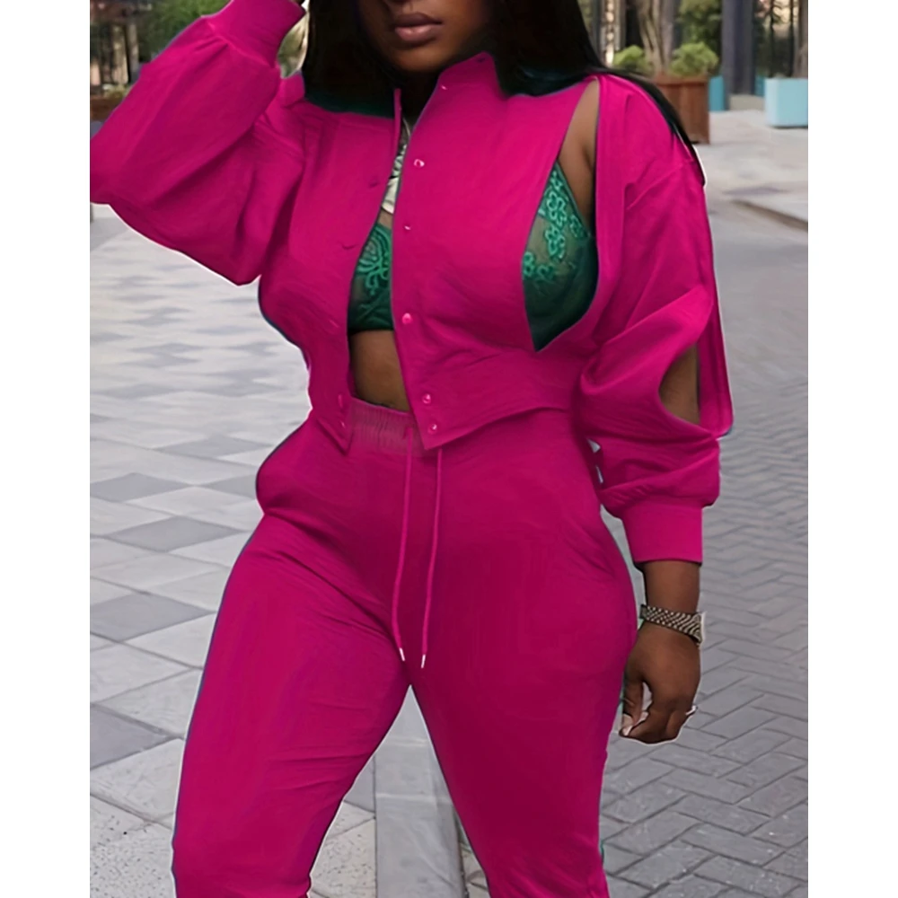 Women Casual Sporty Set 2 Pieces Pants Set Split Design Coat Top & Drawstring Pencil Pants Ensembles Femme Two Piece Sets Outfit