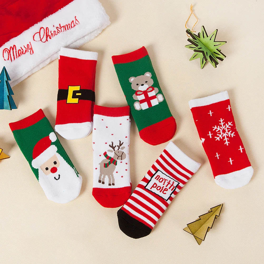 

6pcs Christmas Stockings Thick Winter Socks For Kids Unisex Cartoon Ankle Socks Soft Cotton Gift Holiday Party Decor 4-6 Years