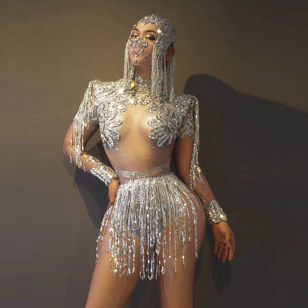2024 Shiny Sequins Tassel Bodysuits Short Skirts Two Piece Set Carnival Party Costume Woman Club Jumpsuits Exotic Dancer Outfits