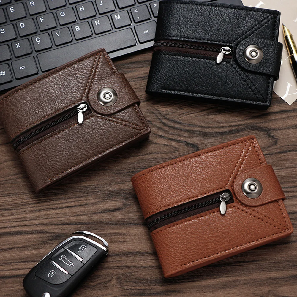 Men's Short Leather Wallet Vintage Zipper Purse ID Bank Credit Card Holder Business Male Wallet Money Bag Horizontal Money Clip