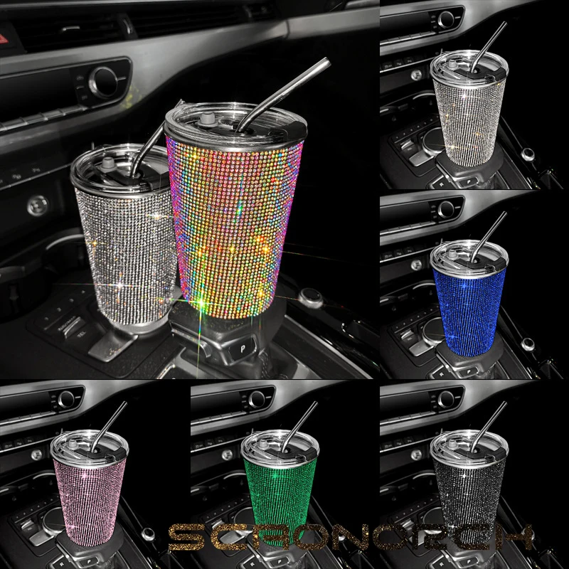 550ml Sparkling Rhinestone Insulated Thermos Vacuum Flask Bling Hot Water Thermos Straw Drink Cup Coffee Mug water bottles