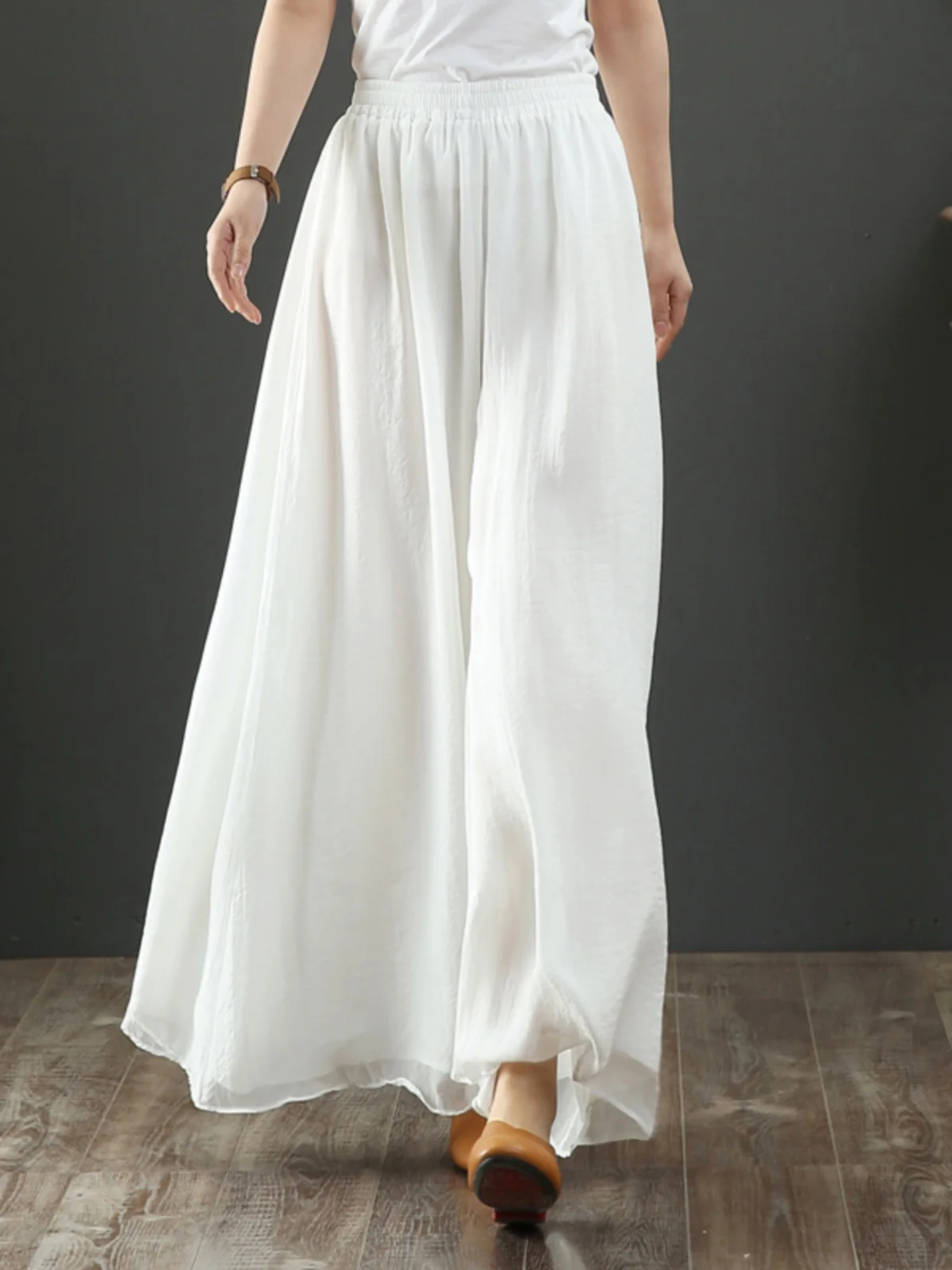 

Этнические Sle Чистый цвет Шифон Двухслойные широкие брюки Свободная талия Брюки для йоги Длинные прямые брюки для больших размеров W...