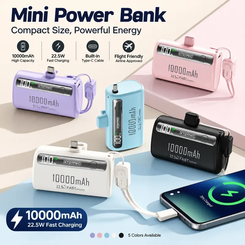 22.5W Fast Charging Capsule Power Bank 10000mAh with Detachable Mobile Power Supply Mini Portable and Compact