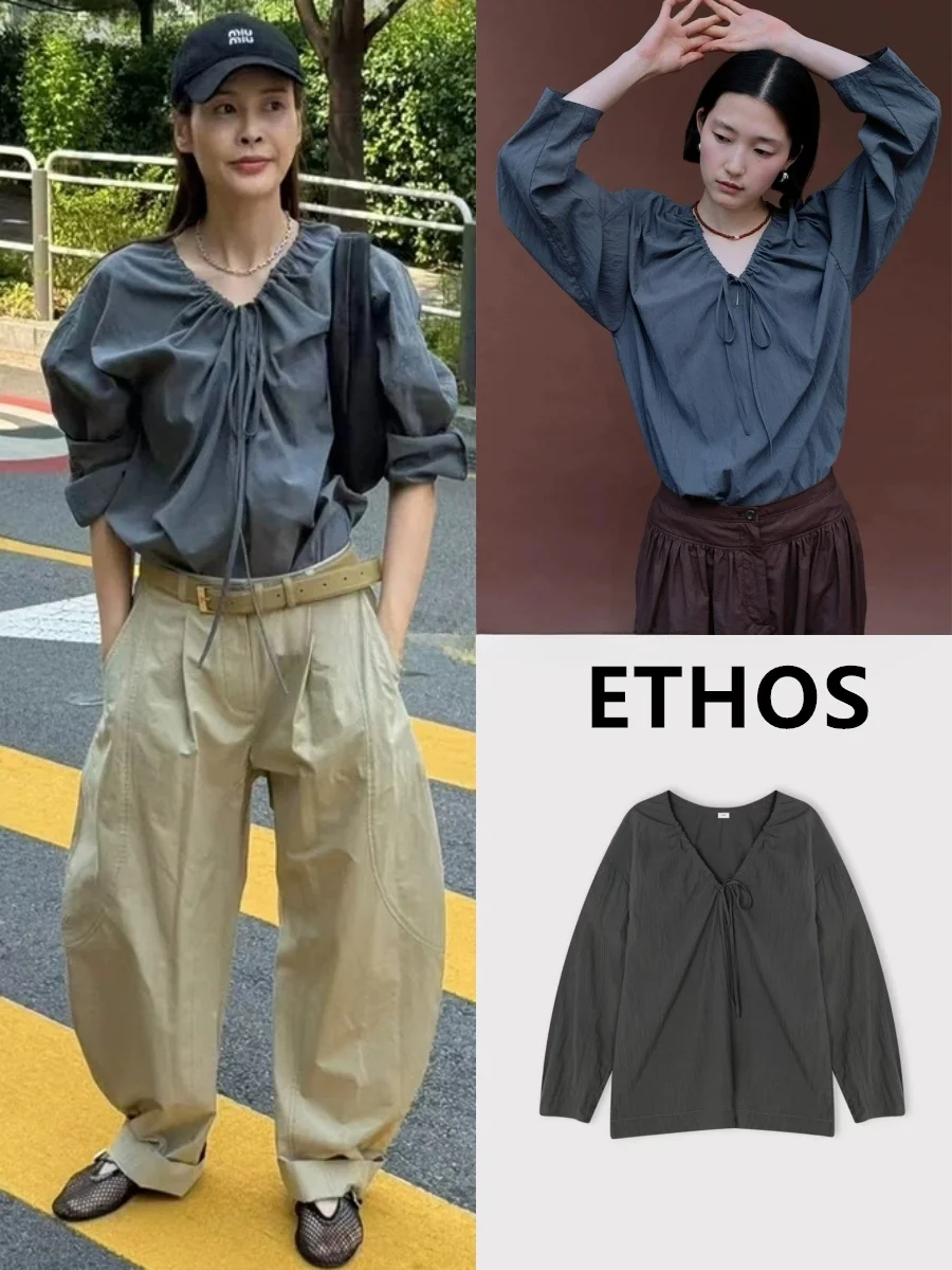 

Ethos 25 Autumn New Simple Retro High-End V-Neck Drawstring Long Sleeve Shirt Top Women's Loose Fit Pure Cotton Comfortable B...