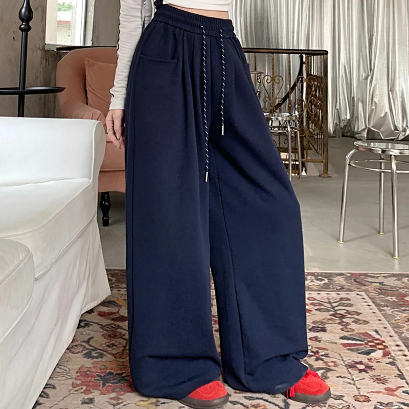 2024 Autumn Women Hip Hop Style Baggy High Waisted Long Pants Lady Versatile Streetwear Solid Color Drawstring Wide Leg Trousers