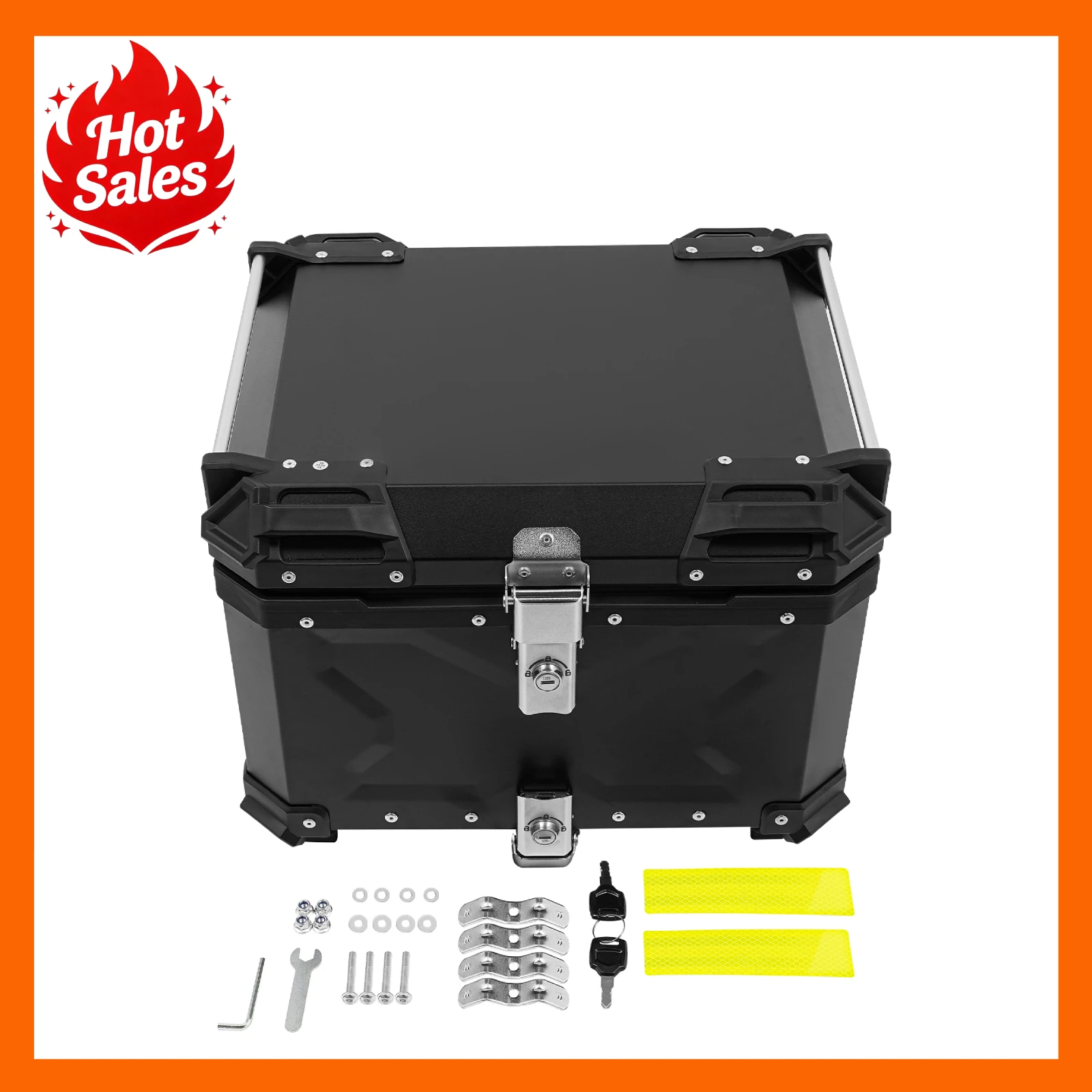Coffre de moto 55L en aluminium, grande capacité, étanche, anti-poussière, anti-choc, coque en métal noir, base en acier au carbone, intérieur en cuir PU, autocollant réfléchissant, sécurisé pour les longues voyages